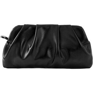 Women Black Color Ruched Clutch Detachable Metal Chain Cross Body Purse